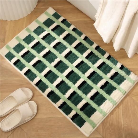 GIB Dark Green Checkered Bathroom Rug Mat 24" x 16", Extra Soft Absorbent - Picture 2 of 7